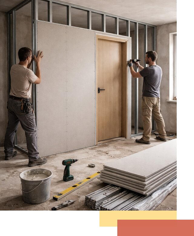 Перегородка из гипсокартона с дверью под ключ в Черемхово