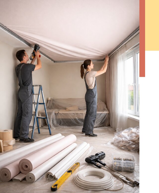 Монтаж цветного натяжного потолка в Черемхово от 4379 руб/м² — быстро и недорого | ОТДЕЛОЧНИК-Чрм