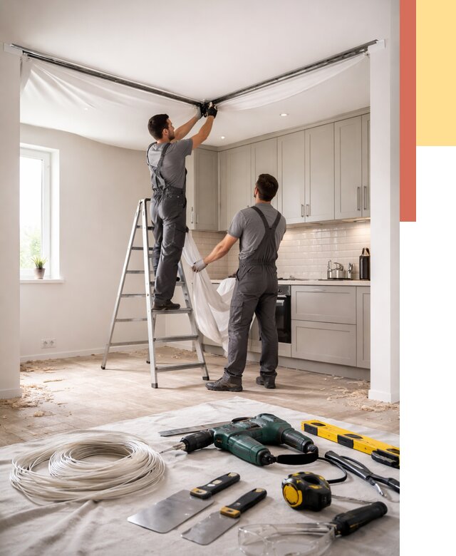 Установка натяжного потолка на кухне в Черемхово от 2502 руб. | ОТДЕЛОЧНИК-Чрм