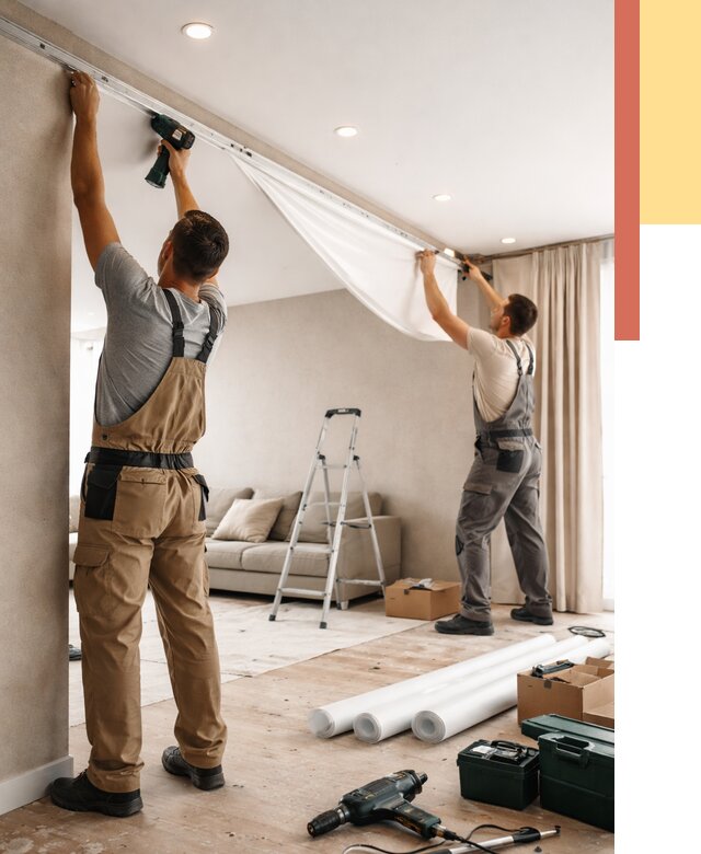 Монтаж натяжного потолка в гостиной в Черемхово от 573 руб. | ОТДЕЛОЧНИК-Чрм