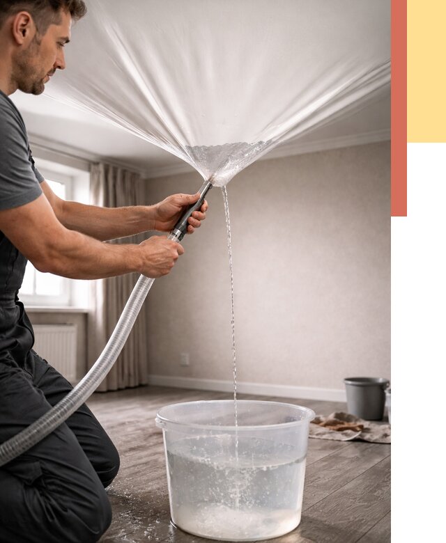 Слив воды с натяжного потолка в Черемхово от 2607 руб. быстро и недорого | ОТДЕЛОЧНИК-Чрм